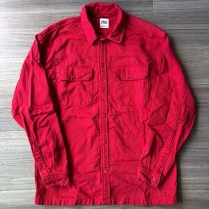 Zara Red Cotton Denim Button Down Jacket Small